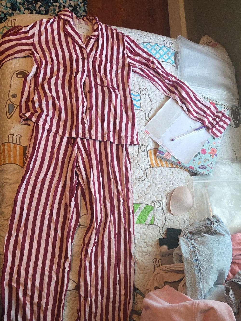 Women's Striped Pajama Set - Burgundy & White Long Sleeve Top and Pants